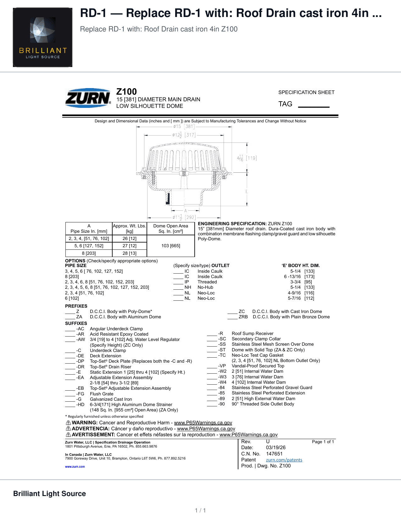 Data Sheet from a real submittal package generated with Submittal.app